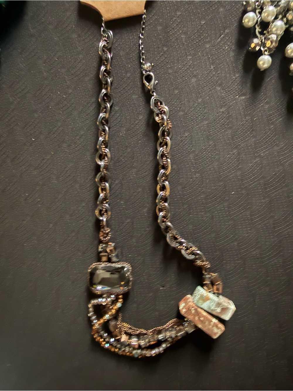 Statement Multi-Tone Crystal Chain Necklace - Black and Bronze 10